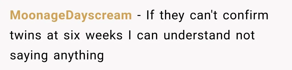 MoonageDayscream − If they can't confirm twins at six weeks I can understand not saying anything