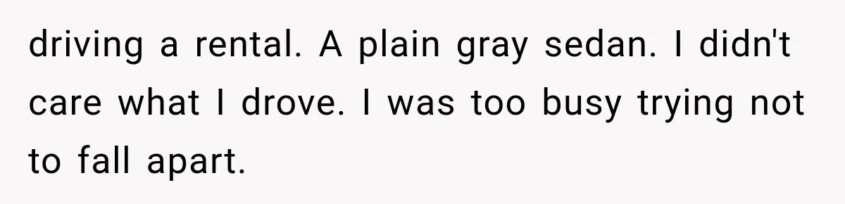 driving a rental. A plain gray sedan. I didn't care what I drove. I was too busy trying not to fall apart.