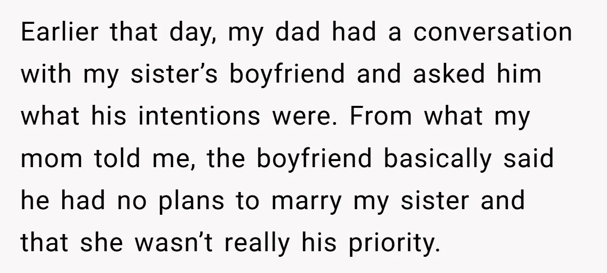 Earlier that day, my dad had a conversation with my sister’s boyfriend and asked him what his intentions were. From what my mom told me, the boyfriend basically said he...