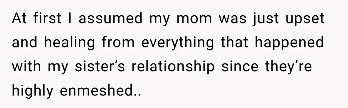At first I assumed my mom was just upset and healing from everything that happened with my sister’s relationship since they’re highly enmeshed..