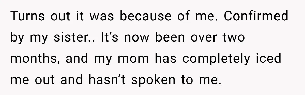 Turns out it was because of me. Confirmed by my sister.. It’s now been over two months, and my mom has completely iced me out and hasn’t spoken to me.