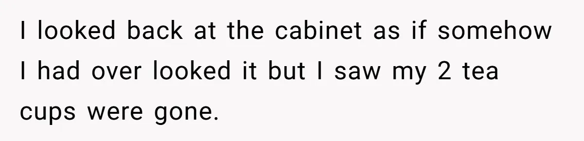 I looked back at the cabinet as if somehow I had over looked it but I saw my 2 tea cups were gone.
