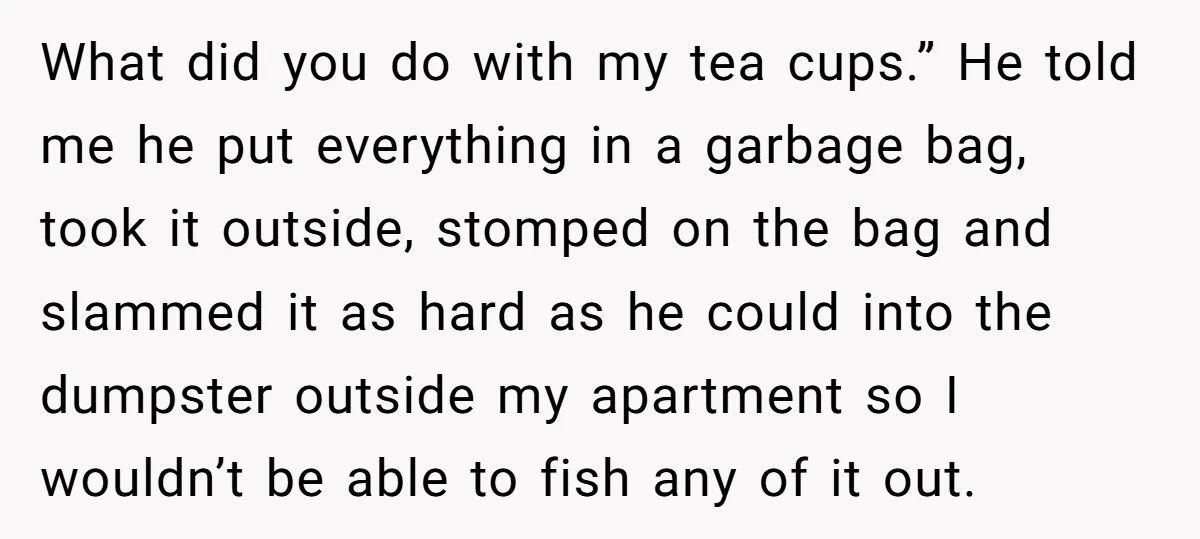 What did you do with my tea cups.” He told me he put everything in a garbage bag, took it outside, stomped on the bag and slammed it as hard...