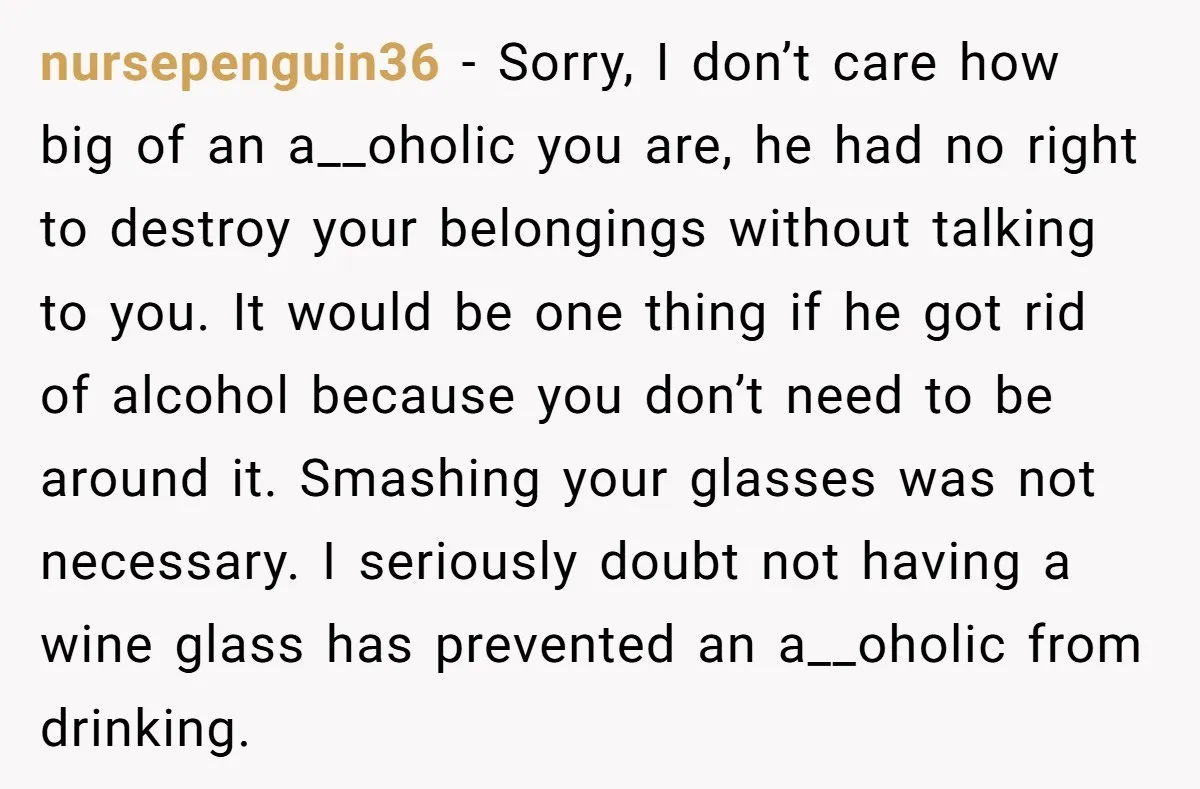 nursepenguin36 − Sorry, I don’t care how big of an a__oholic you are, he had no right to destroy your belongings without talking to you. It would be one thing...