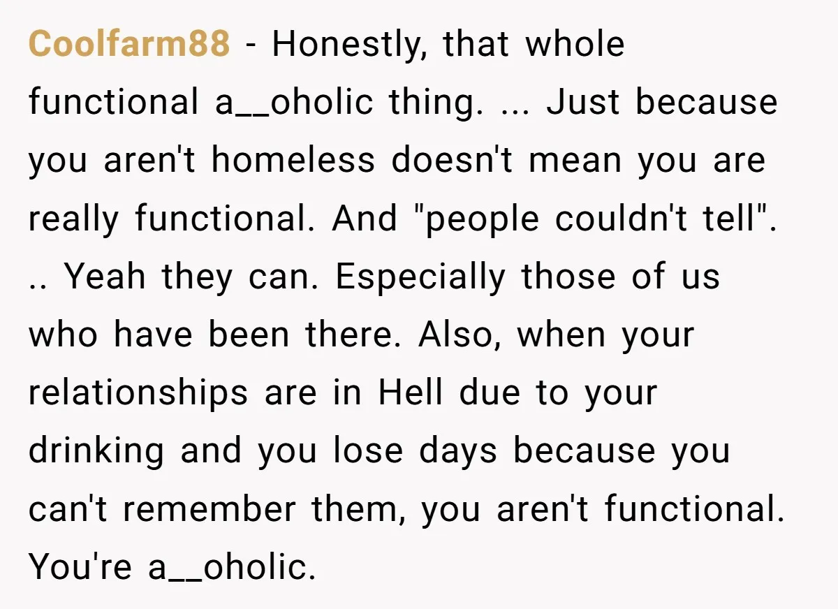 Coolfarm88 − Honestly, that whole functional a__oholic thing. ... Just because you aren't homeless doesn't mean you are really functional. And "people couldn't tell". .. Yeah they can. Especially those...