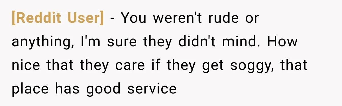 [Reddit User] − You weren't rude or anything, I'm sure they didn't mind. How nice that they care if they get soggy, that place has good service