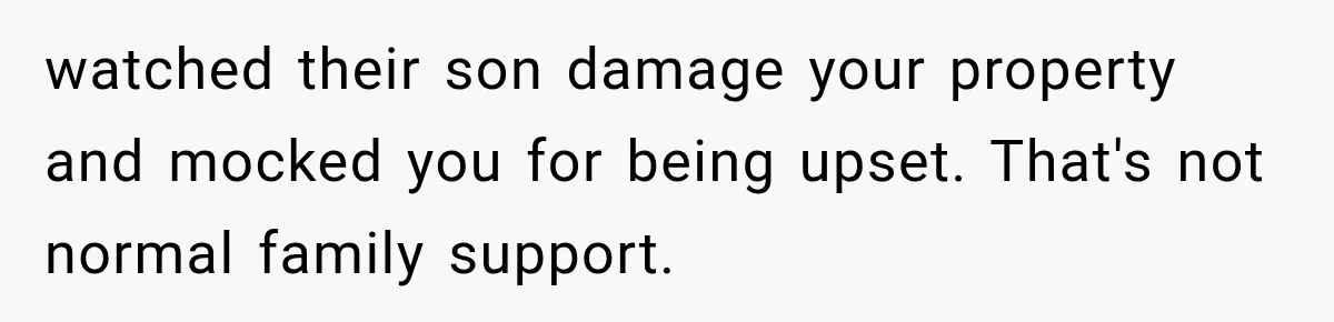 watched their son damage your property and mocked you for being upset. That's not normal family support.