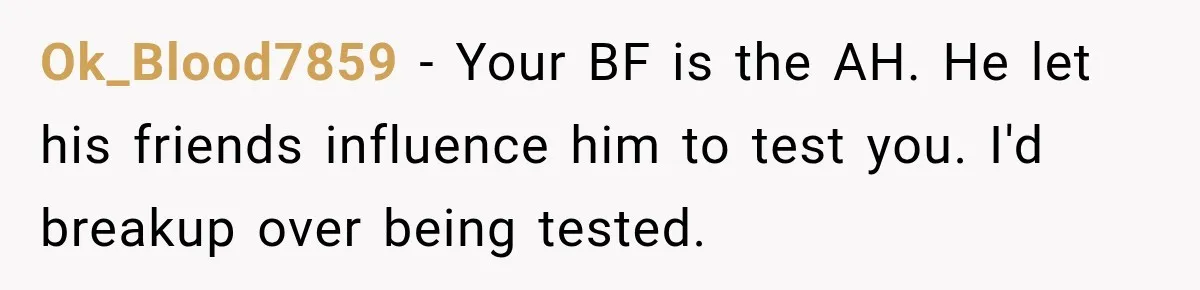 Ok_Blood7859 − Your BF is the AH. He let his friends influence him to test you. I'd breakup over being tested.
