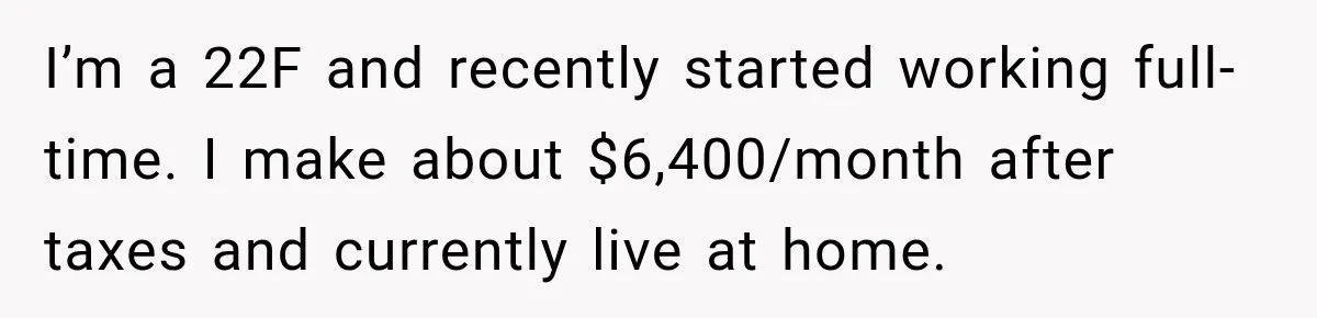 I’m a 22F and recently started working full-time. I make about $6,400/month after taxes and currently live at home.