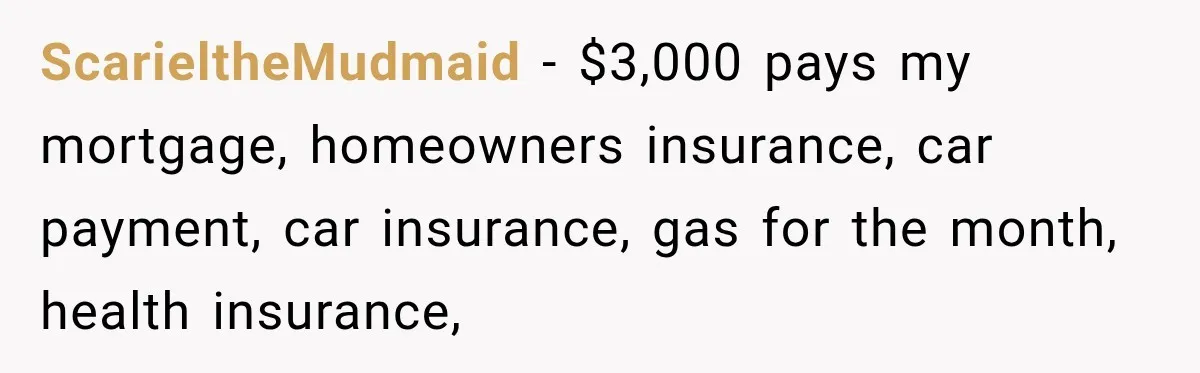 ScarieltheMudmaid − $3,000 pays my mortgage, homeowners insurance, car payment, car insurance, gas for the month, health insurance,