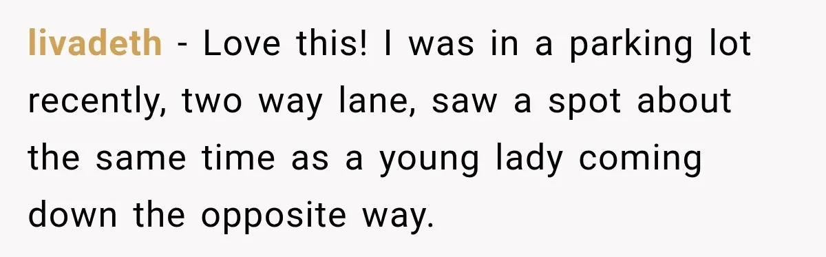 Woman Gets Petty Revenge After a Bad Parker Blocks Her at the Mall for Five Minutes livadeth − Love this! I was in a parking lot recently, two way lane, saw a spot about the same time as a young lady coming down the opposite way.