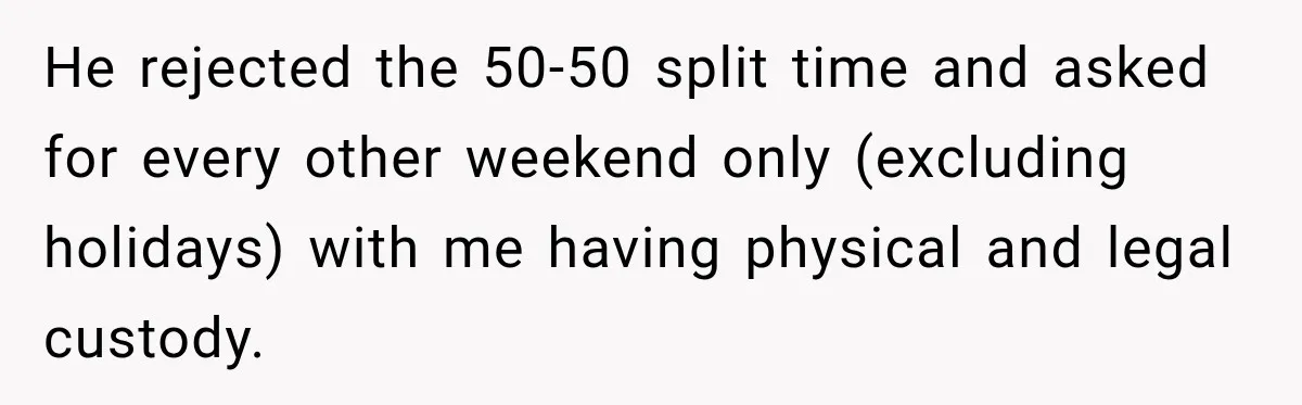 He rejected the 50-50 split time and asked for every other weekend only (excluding holidays) with me having physical and legal custody.