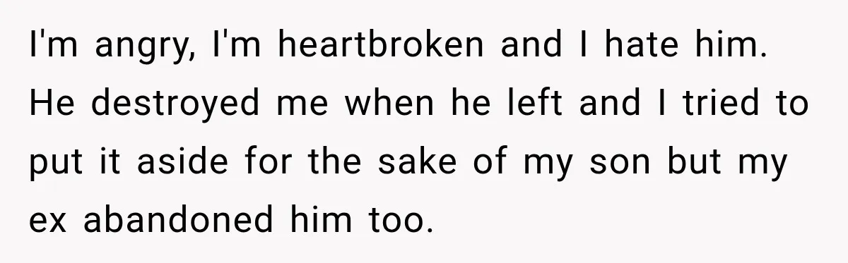 I'm angry, I'm heartbroken and I hate him. He destroyed me when he left and I tried to put it aside for the sake of my son but my ex...