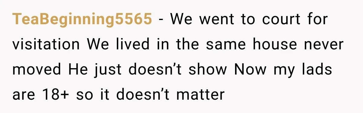 TeaBeginning5565 − We went to court for visitation We lived in the same house never moved He just doesn’t show Now my lads are 18+ so it doesn’t matter