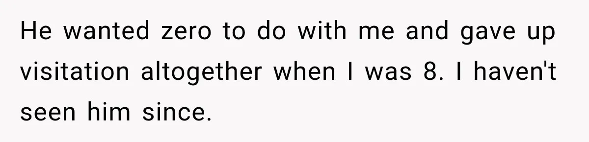 He wanted zero to do with me and gave up visitation altogether when I was 8. I haven't seen him since.