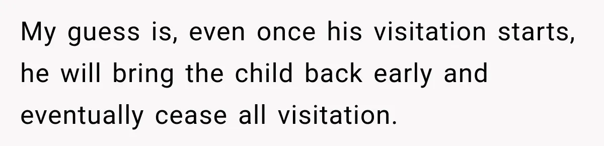 My guess is, even once his visitation starts, he will bring the child back early and eventually cease all visitation.