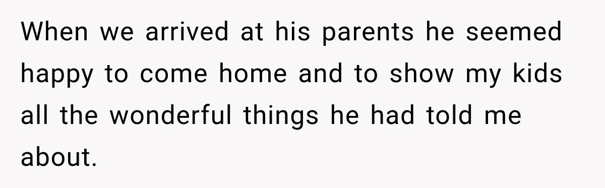 When we arrived at his parents he seemed happy to come home and to show my kids all the wonderful things he had told me about.