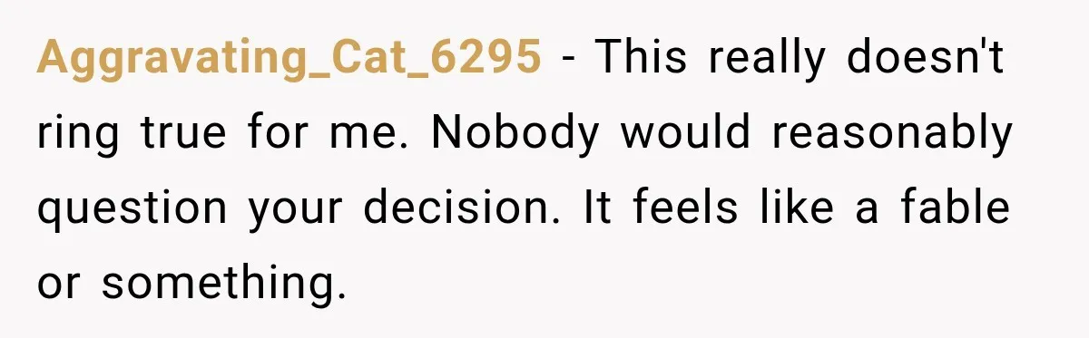 Aggravating_Cat_6295 − This really doesn't ring true for me. Nobody would reasonably question your decision. It feels like a fable or something.