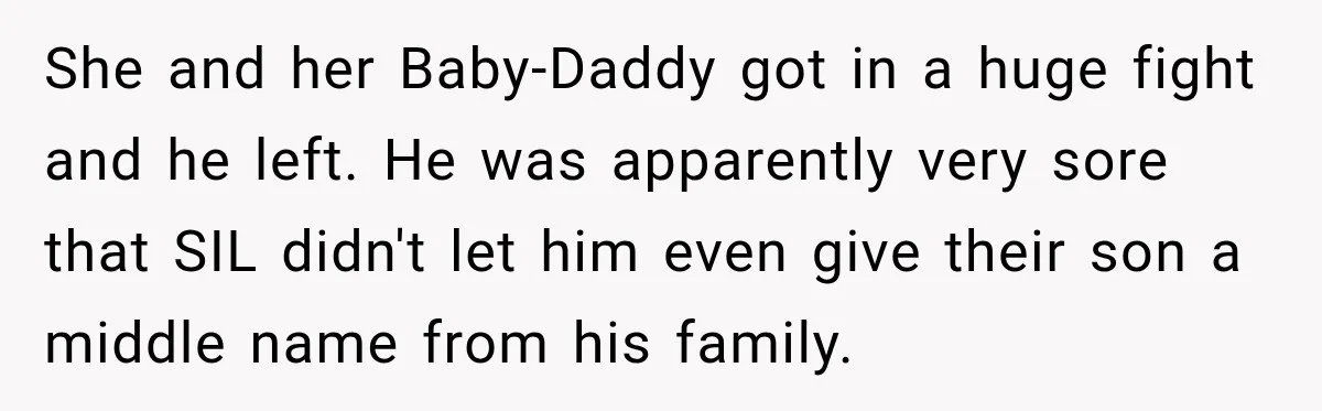 She and her Baby-Daddy got in a huge fight and he left. He was apparently very sore that SIL didn't let him even give their son a middle name from...