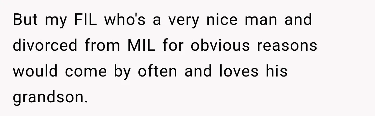 But my FIL who's a very nice man and divorced from MIL for obvious reasons would come by often and loves his grandson.