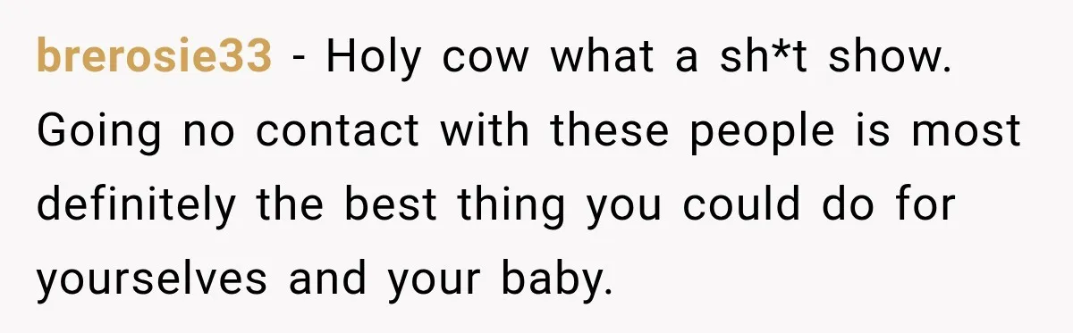 brerosie33 − Holy cow what a sh*t show. Going no contact with these people is most definitely the best thing you could do for yourselves and your baby.