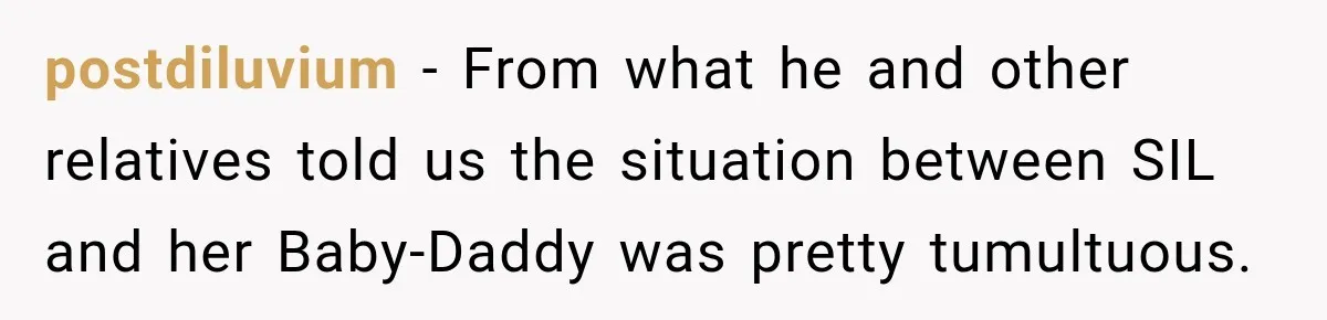 postdiluvium − From what he and other relatives told us the situation between SIL and her Baby-Daddy was pretty tumultuous.