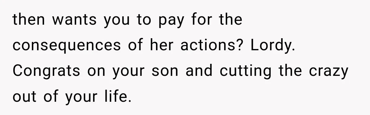 then wants you to pay for the consequences of her actions? Lordy. Congrats on your son and cutting the crazy out of your life.