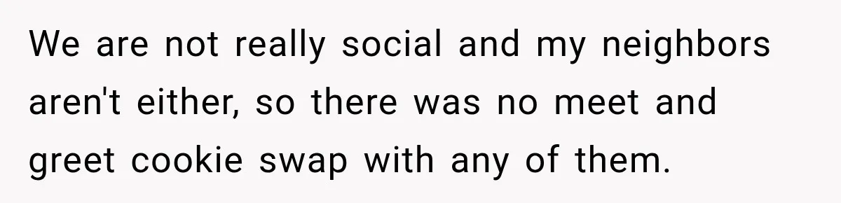 We are not really social and my neighbors aren't either, so there was no meet and greet cookie swap with any of them.