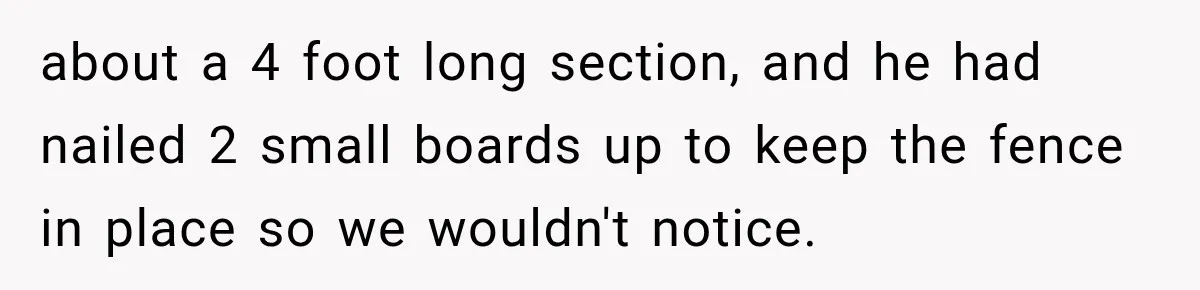 about a 4 foot long section, and he had nailed 2 small boards up to keep the fence in place so we wouldn't notice.