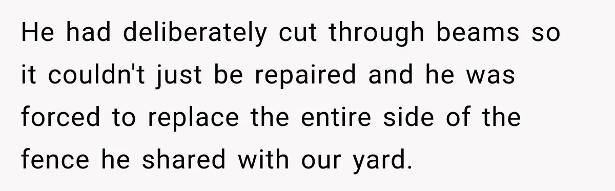 He had deliberately cut through beams so it couldn't just be repaired and he was forced to replace the entire side of the fence he shared with our yard.