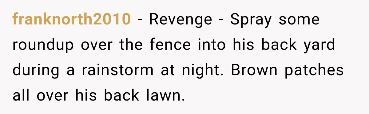 franknorth2010 − Revenge - Spray some roundup over the fence into his back yard during a rainstorm at night. Brown patches all over his back lawn.