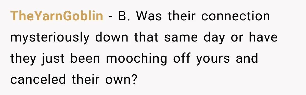 TheYarnGoblin − B. Was their connection mysteriously down that same day or have they just been mooching off yours and canceled their own?
