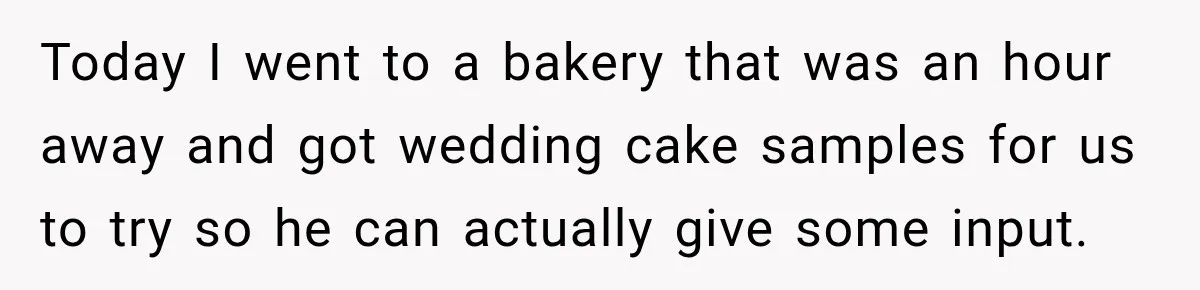 Today I went to a bakery that was an hour away and got wedding cake samples for us to try so he can actually give some input.