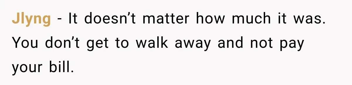 Jlyng − It doesn’t matter how much it was. You don’t get to walk away and not pay your bill.
