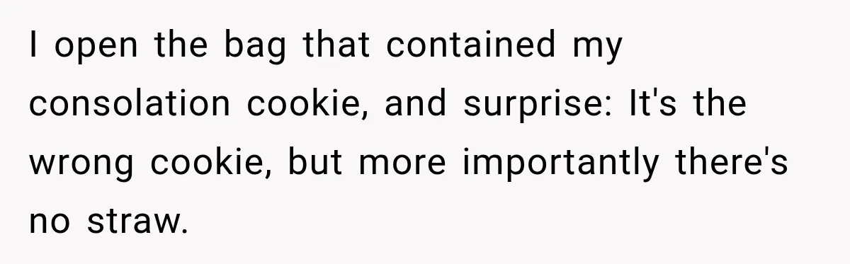 I open the bag that contained my consolation cookie, and surprise: It's the wrong cookie, but more importantly there's no straw.