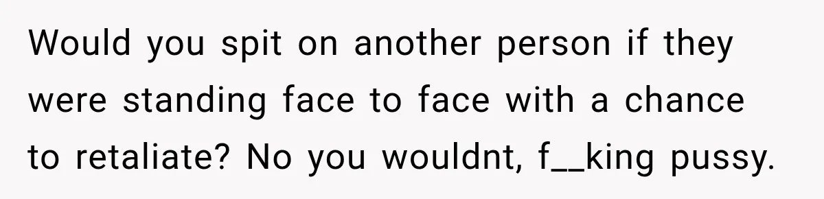 Would you spit on another person if they were standing face to face with a chance to retaliate? No you wouldnt, f__king pussy.