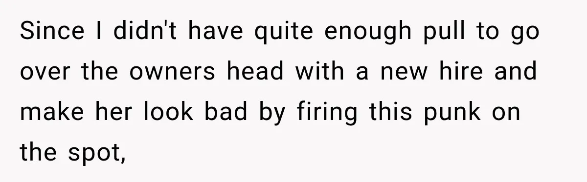 Since I didn't have quite enough pull to go over the owners head with a new hire and make her look bad by firing this punk on the spot,