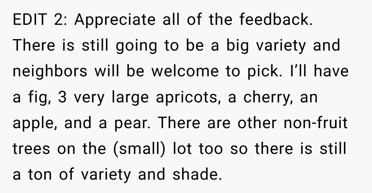 EDIT 2: Appreciate all of the feedback. There is still going to be a big variety and neighbors will be welcome to pick. I’ll have a fig, 3 very large...