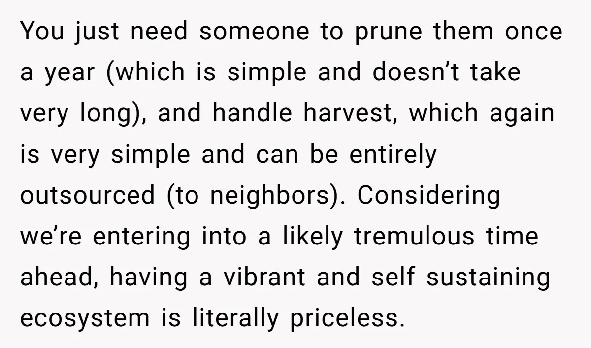 You just need someone to prune them once a year (which is simple and doesn’t take very long), and handle harvest, which again is very simple and can be entirely...
