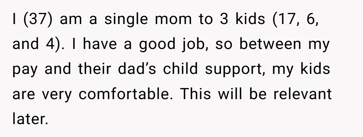 I (37) am a single mom to 3 kids (17, 6, and 4). I have a good job, so between my pay and their dad’s child support, my kids are...