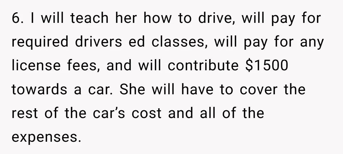 6. I will teach her how to drive, will pay for required drivers ed classes, will pay for any license fees, and will contribute $1500 towards a car. She will...
