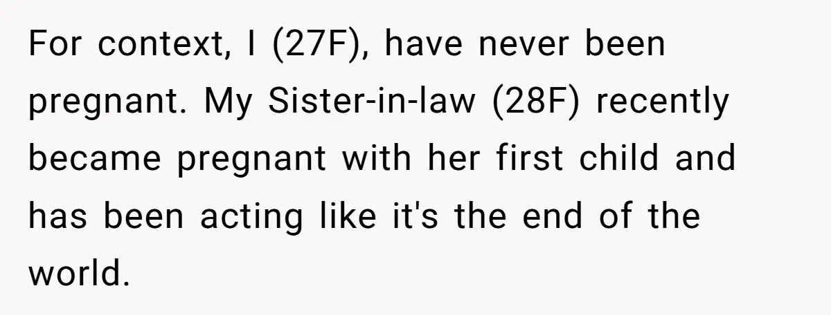 For context, I (27F), have never been pregnant. My Sister-in-law (28F) recently became pregnant with her first child and has been acting like it's the end of the world.