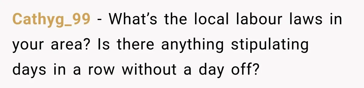 Boss Expects Employee to Work 13 Days Straight After Resignation, So She Wonders How Much Is Too Much Cathyg_99 − What’s the local labour laws in your area? Is there anything stipulating days in a row without a day off?