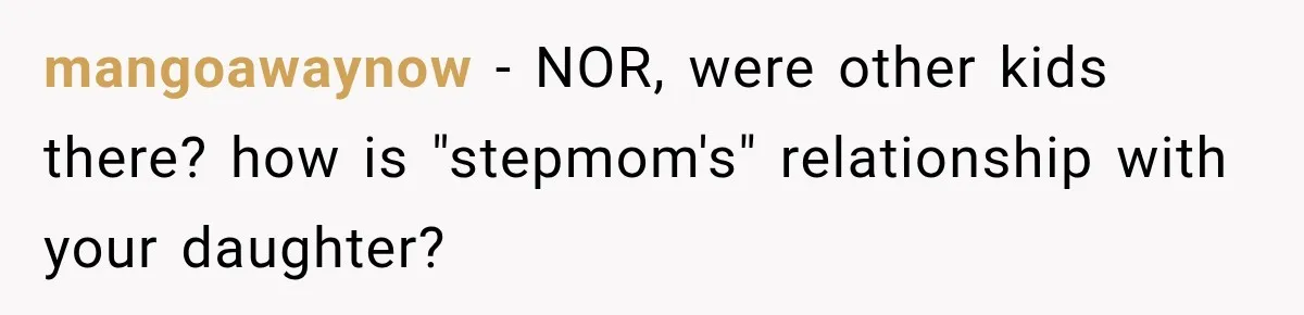 mangoawaynow − NOR, were other kids there? how is "stepmom's" relationship with your daughter?