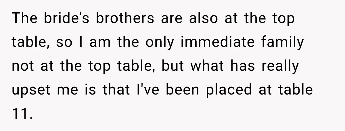The bride's brothers are also at the top table, so I am the only immediate family not at the top table, but what has really upset me is that I've...
