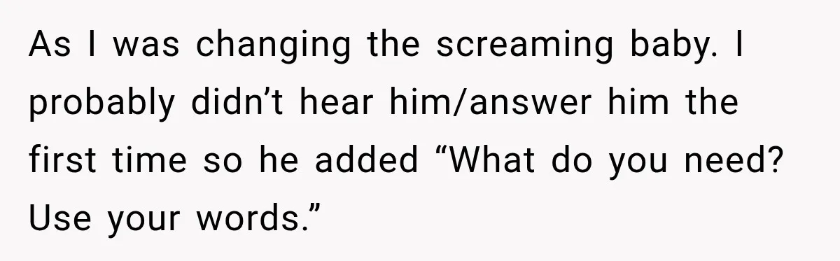 As I was changing the screaming baby. I probably didn’t hear him/answer him the first time so he added “What do you need? Use your words.”