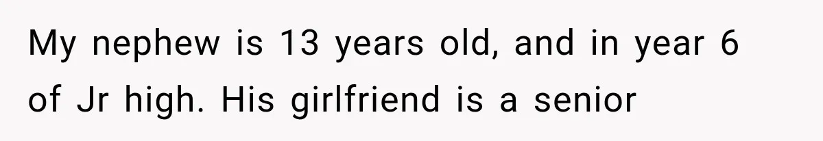 My nephew is 13 years old, and in year 6 of Jr high. His girlfriend is a senior