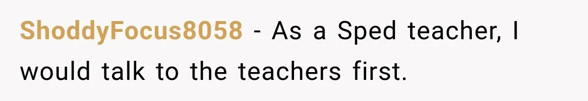 ShoddyFocus8058 − As a Sped teacher, I would talk to the teachers first.