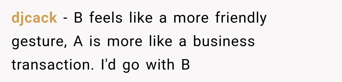 djcack − B feels like a more friendly gesture, A is more like a business transaction. I'd go with B
