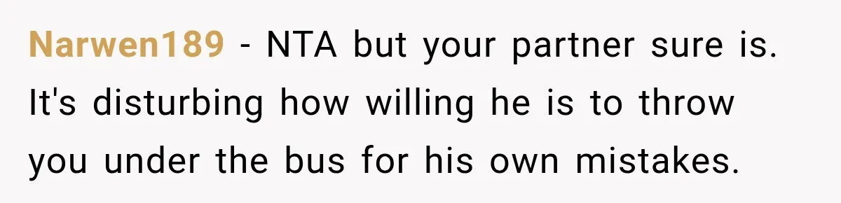 Narwen189 − NTA but your partner sure is. It's disturbing how willing he is to throw you under the bus for his own mistakes.